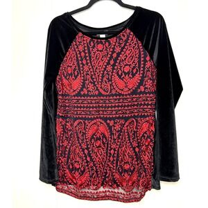 Sundance‎ Top Womens M Black Velvet Red Embroidered Paisley Long Sleeve